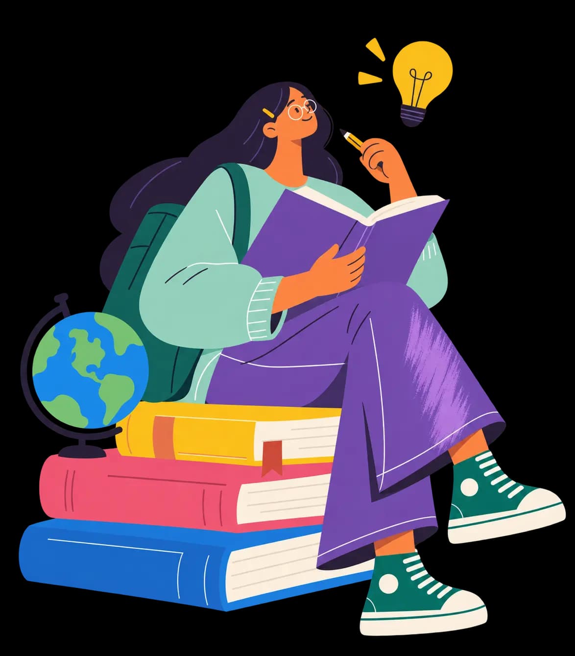 Illustration of a person meditating cross-legged, surrounded by hearts and calm-thought bubbles