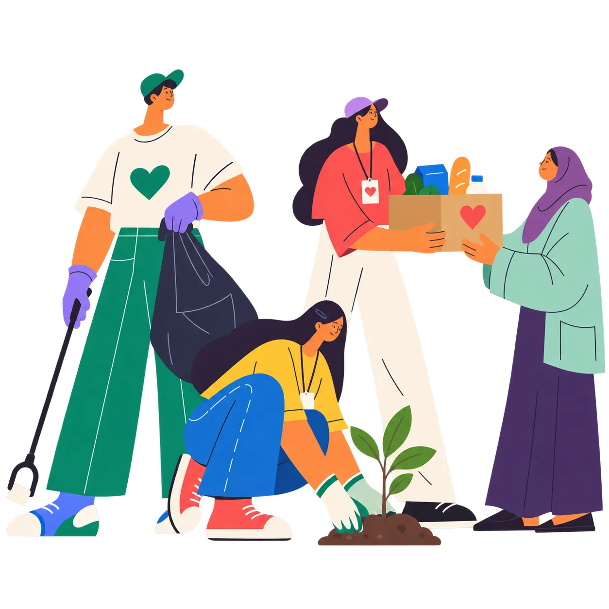 Illustration of volunteers gathered together outdoors